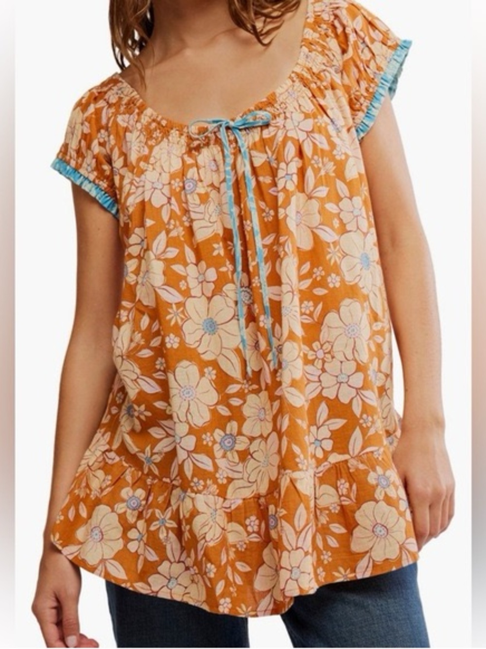 Free People XS Oversized Floral Smocked Neck Top Boho Babydoll Cottagecore Tunic